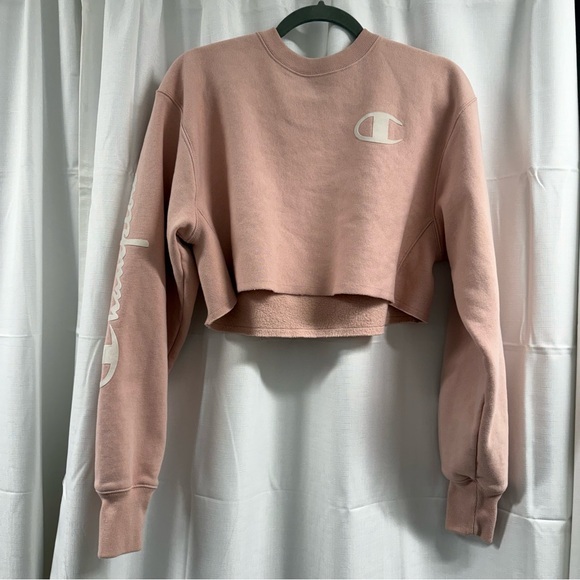 Champion Tops - Champion Cropped Sweatshirt Blush Pink/ Dusty Rose XS Logo Sleeve